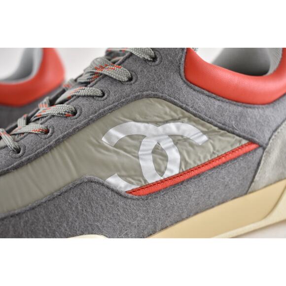 Chanel Mens 18K Grey Orange Nylon CC Logo Lace Up Low Top Trainer Sneaker 44 11 - Picture 12 of 14